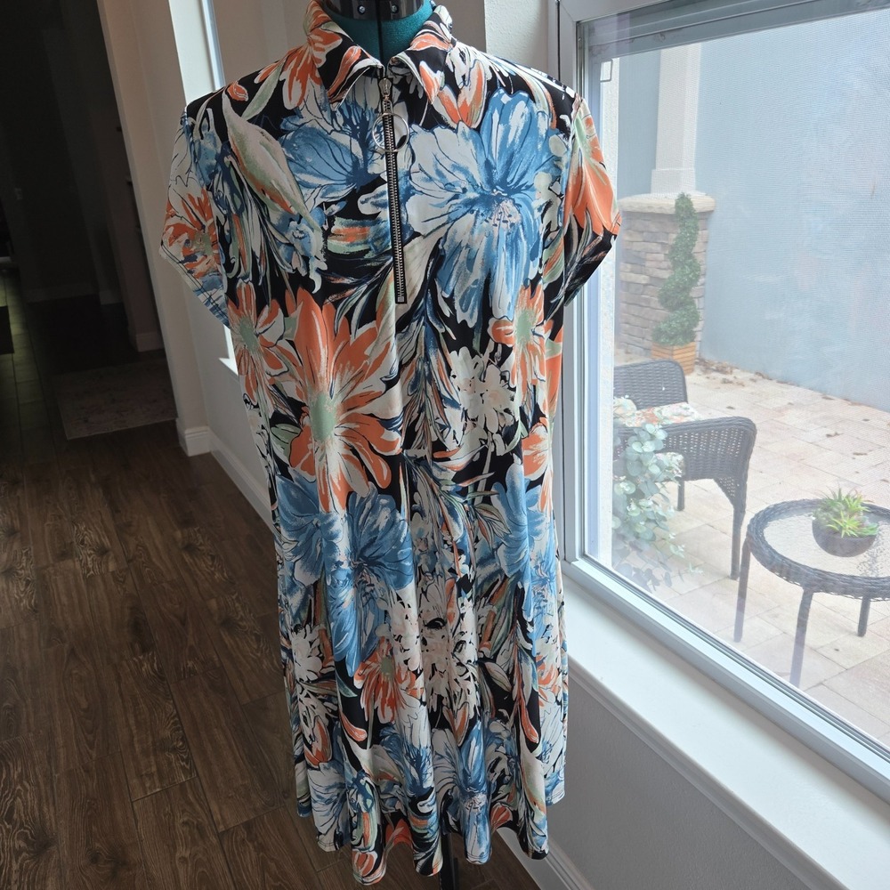 Cocomo Sheath Dress Womens XL Multicolor Floral Jersey O-Ring Zip Cap Sleeve